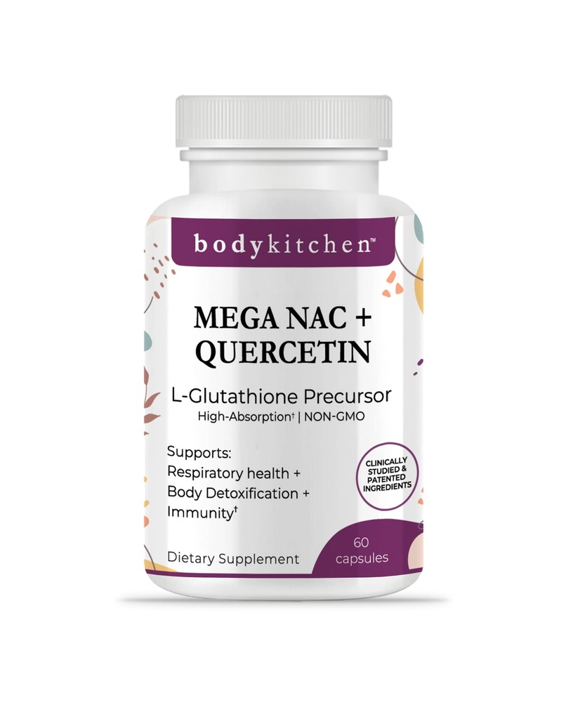 Body Kitchen Mega NAC (N-Acetyl Cysteine) 600 mg dengan Quercetin, Supports Repiration Health and Imune Fungsi dan Promotes Liver and Kidney Detox, Veggie Caps, (Paket 1)