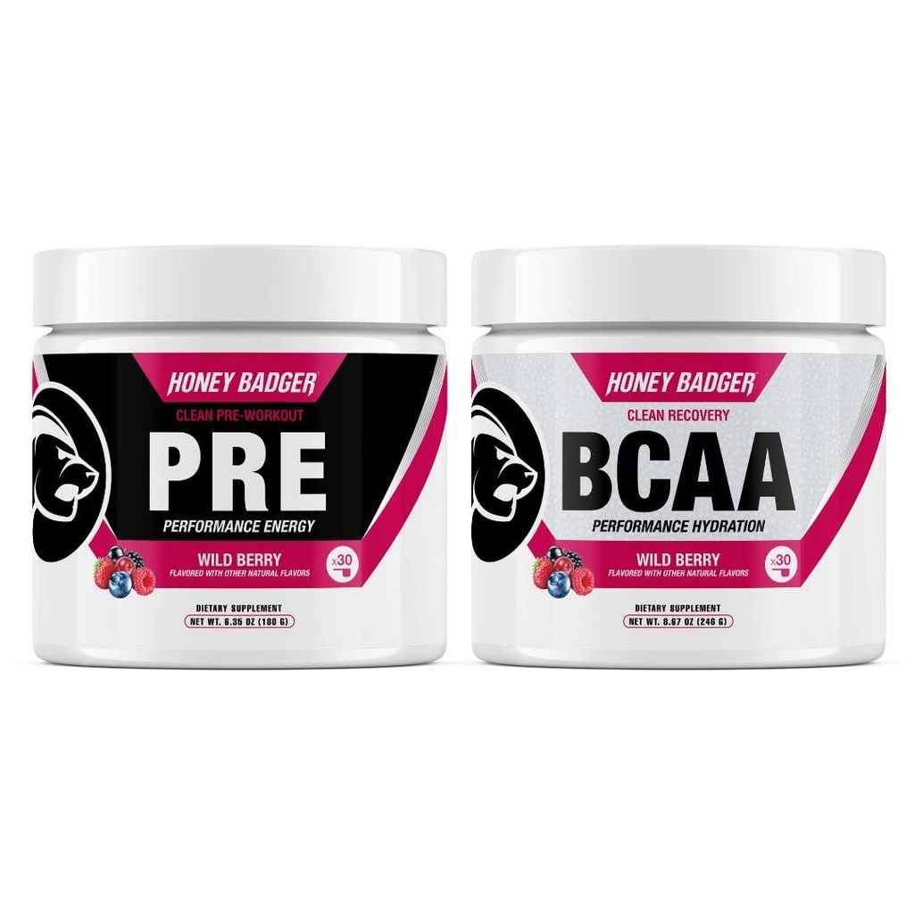 Honey Badger Pre Workout Powder & BCAA Amino Acids Powder Bundle 124; Beta Alanine, Caffeine & Vitamin C + Electrolytes 124; Vegan Keto Sugar Free & Paleo untuk Pria & Women & Women 124; 30 Pelayan (Wild Berry)