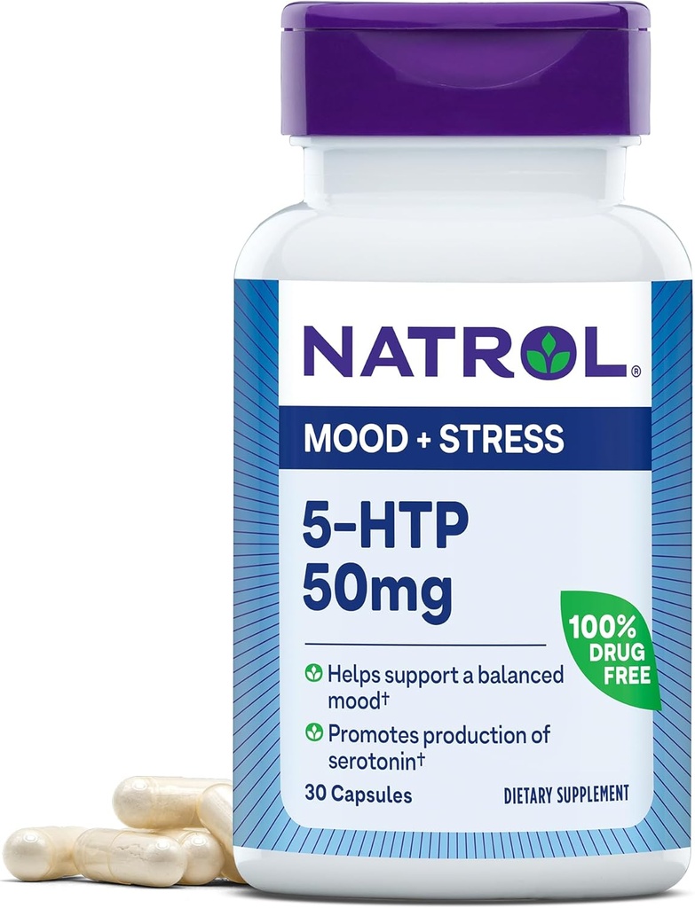 Natrol Mood & Stress 5- HTP 50mg, Tambahan Dietary Membantu Balanced Mood, 30 Kapsul, Supply Hari 7- 30