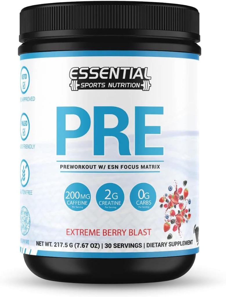 PRE 124; Pre-Workout dengan Creatine, Focus Formula, dan Caffeine 200mg (n / a, Extreme Berry Blast)
