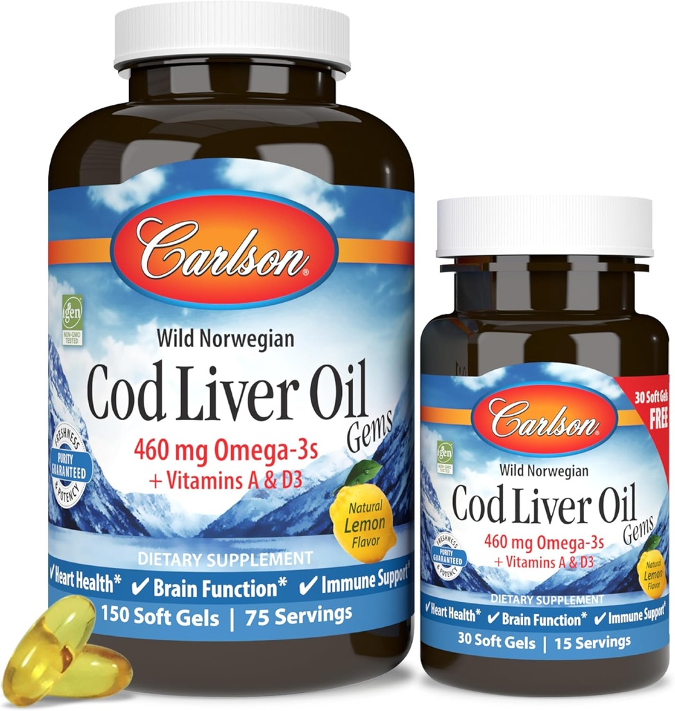 Carlson - Cod Liver Oil Gems, 460 mg Omega-3s + Vitamin A & D3, Wild- Caught Norwegia Arktik Cod Liver Oil, Sustaindible Sourdiced Nordic Oil Capsules, Lemon, 180 Softgels
