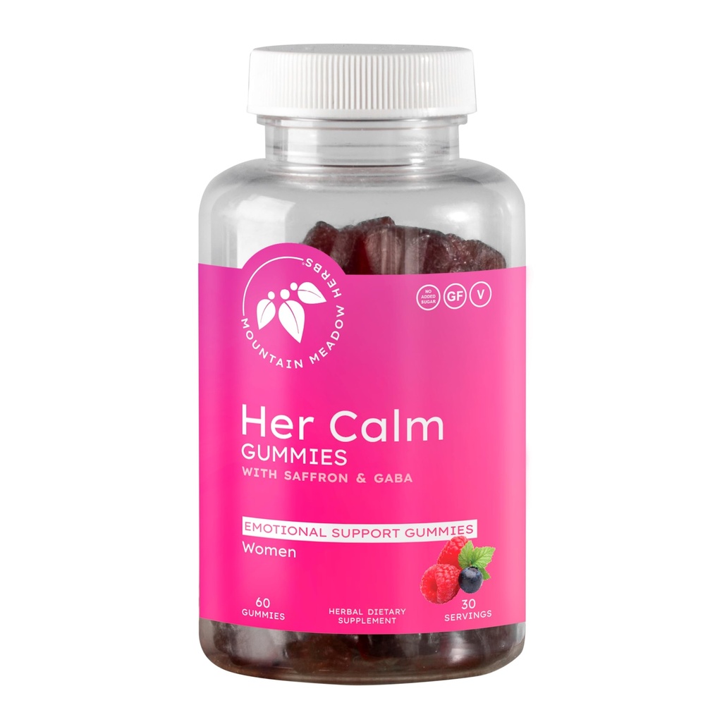 Gunung Meadow Herbs Tenang nya Gummies - Dukungan Mood Alam dengan Saffron, Passion Flower, St John 's Welt, GABA - Stress Relief Suplemen untuk Perempuan - 60 ct