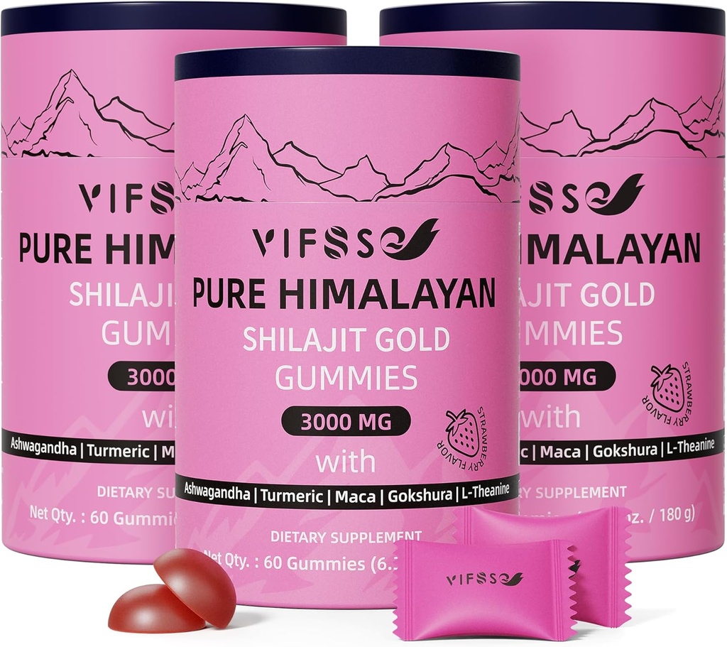 Shilajit Gummies, 3000 Mg Shilajit Pure Himalaya dengan Ashwagandha, Turmeric Sugar- Free Gummies untuk Pria dan Wanita, Suplemen Shilajit, Non-GMO Alam Shilajit untuk Energi, 180 Gummies