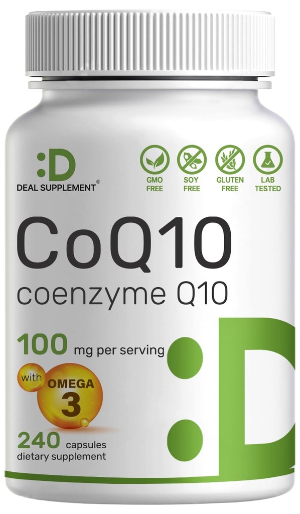 DEAL SUPLEMENT COQ10 100mg dengan Omega 3 100mg, 240 Capsules 124; Bioavailable Koenzim Q10 Formula 124; Non-GMO