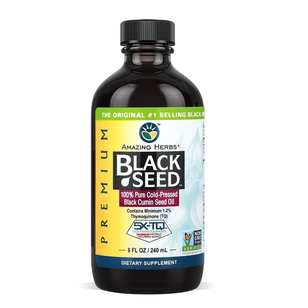 Amazing Herbs Premium Black Seed Oil - Cold Pressed Nigella Sativa Aids in Digetical Health, Imune Support, Brain Fungsi, Gabungan Mobility, Gluten Free, Non GMO - 8 Fl Oz