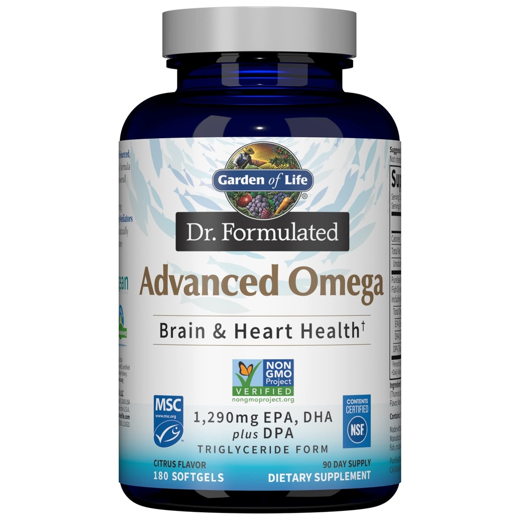 Garden of Life Dr. Formulated Advanced Omega Fish Oil - Lemon, 1.290mg EPA, DHA + DPA dalam Formulir Triglyceride, Tambahan Sumber Tunggal Omega 3 untuk Ultimate Brain & Heart Health, Non-GMO, 180 Softgels