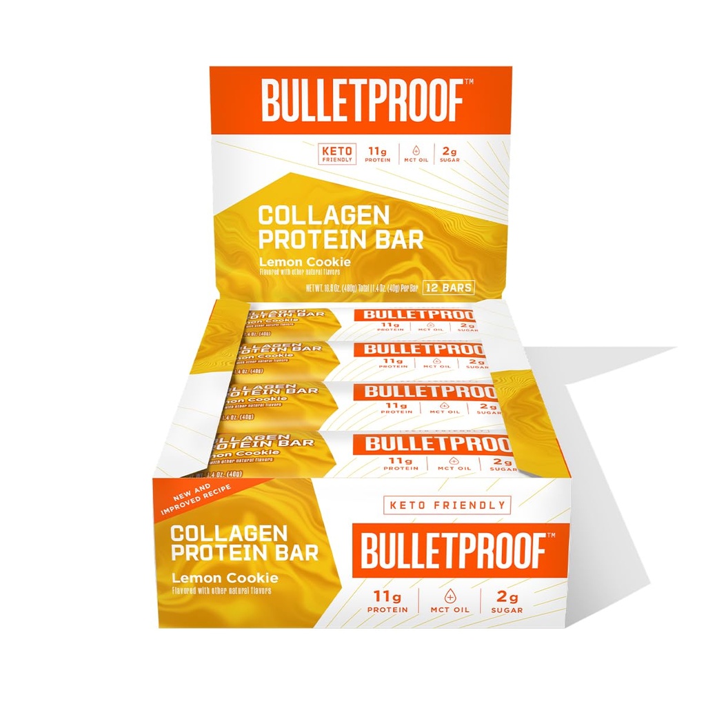 Bulletproof Lemon Cookie Collagen Protein Bars, Pack of 12, Keto- Friendly Snack with MCT Oil, Grass-fed Collagen, No Added Sugar