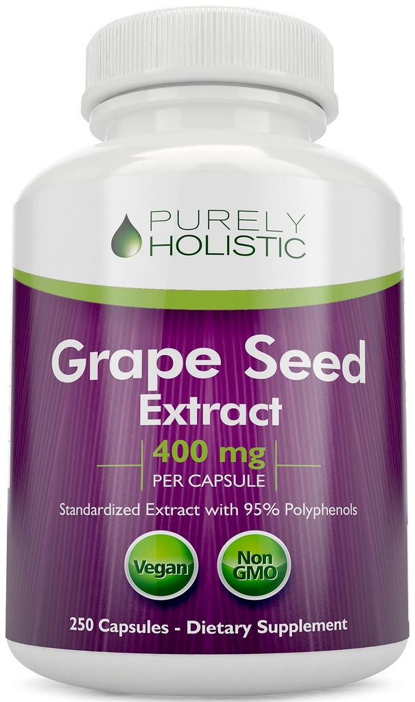Purely Holistic Grape Extract 20,000mg - 250 Vegan Capsules - 8 + Bulan Suply - Standardisasi ke 95% Polyphenol - 400 mg per Capsule - Maximum Grapeseed - Non-GMO & Pestisida Bebas