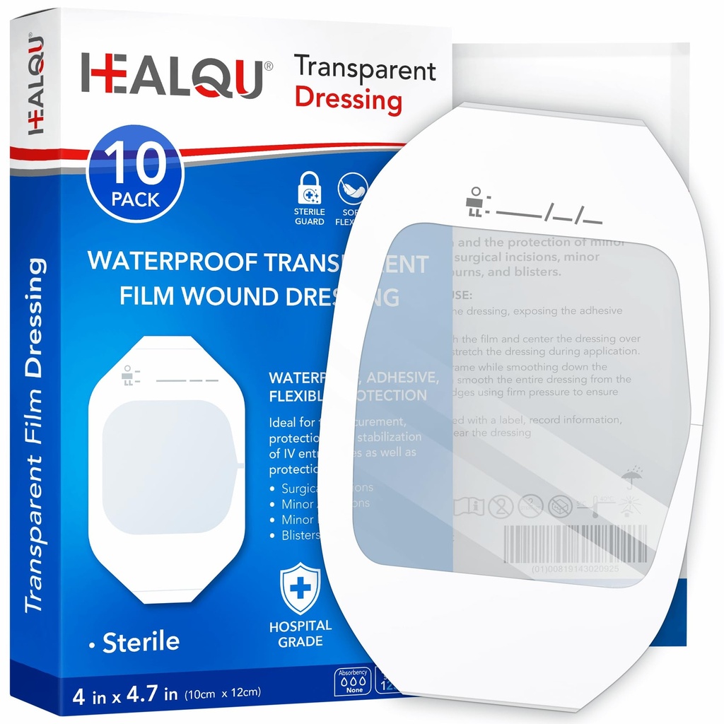 Film Transparent Dressing 4 "x 4.75" (10 Pack) - Adhesive Adhesive Weund Bandages for Post-Surgical Shower, IV Shield, Tattoo Aftercare, Clear Breathable Patch by HEALQU