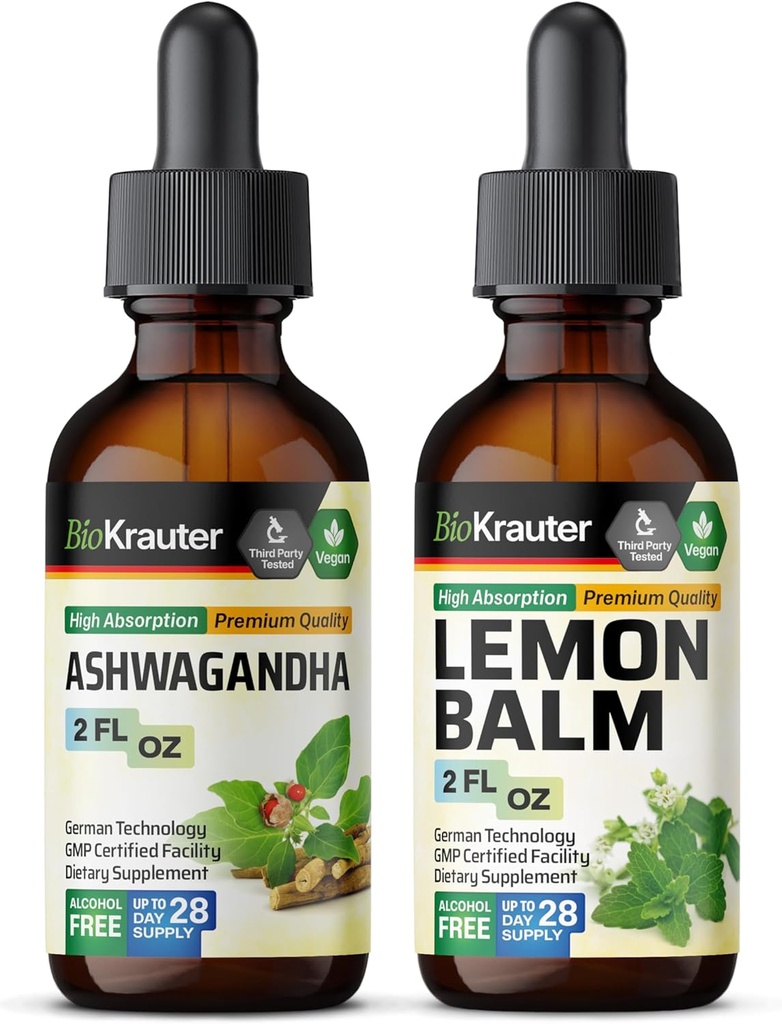 BIO KRAUTER Ashwagandha Ticture 2 Fl Oz. & Lemon Balm Tincture 2 Fl.