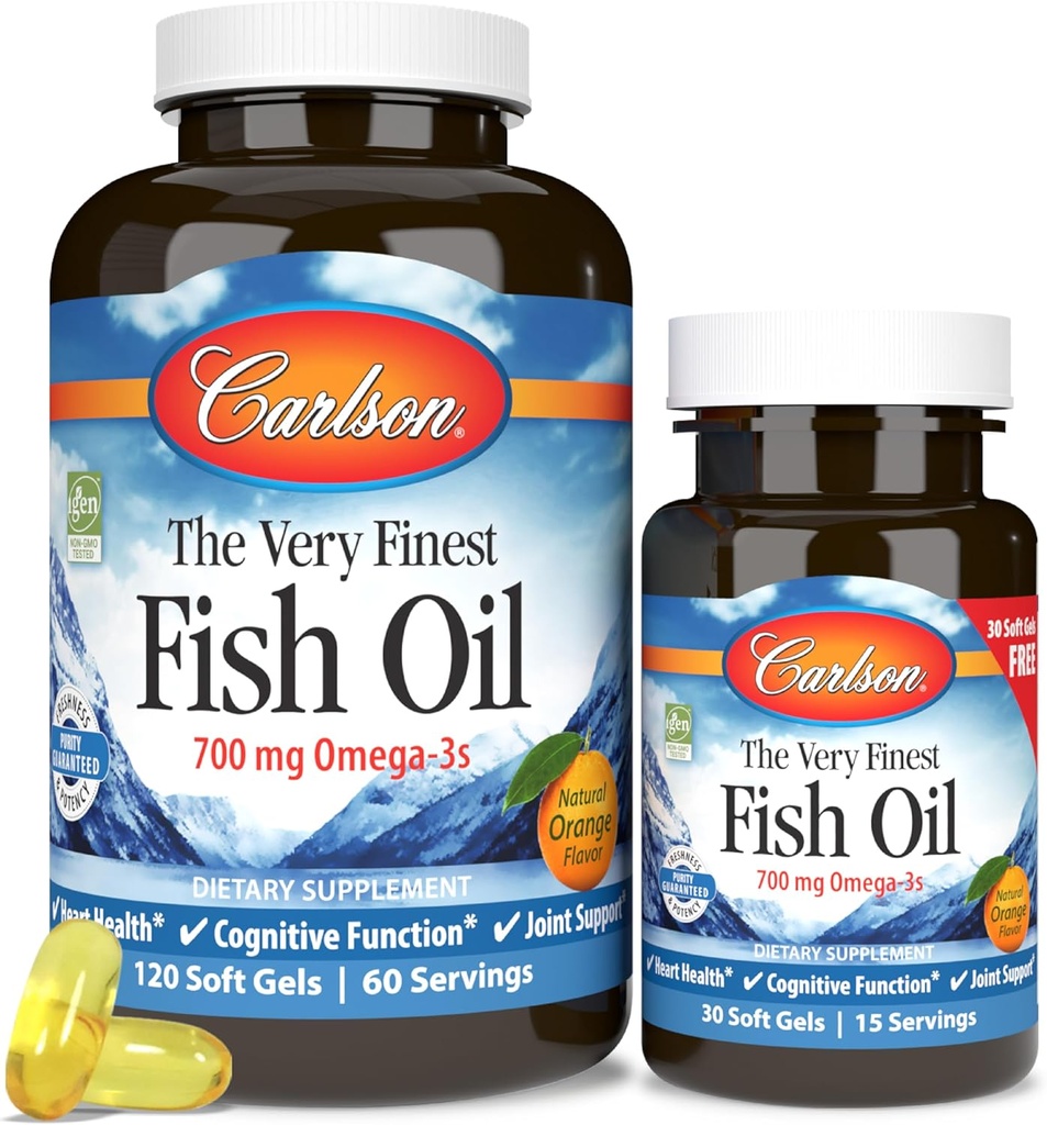 Carlson - The Very Finest Fish Oil, 700 mg Omega-3s, Norwegia Fish Oil Suplemen, Wild Caught Ogam- 3 Fish Oil, Disediakan Softgel Ikan, Omega- 3 Suplemen, Orange, 120 + 30