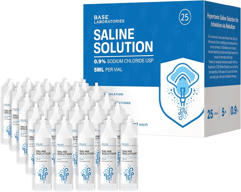 BASE LABORIES 0.9% Solusi Saline untuk Mesin Nebulizer: 124; Solusi Saline untuk Inhalasi & Nasal Irrigation 12.4; 0.9% Konsentrasi l 25 Vials 5ml Unit Dose