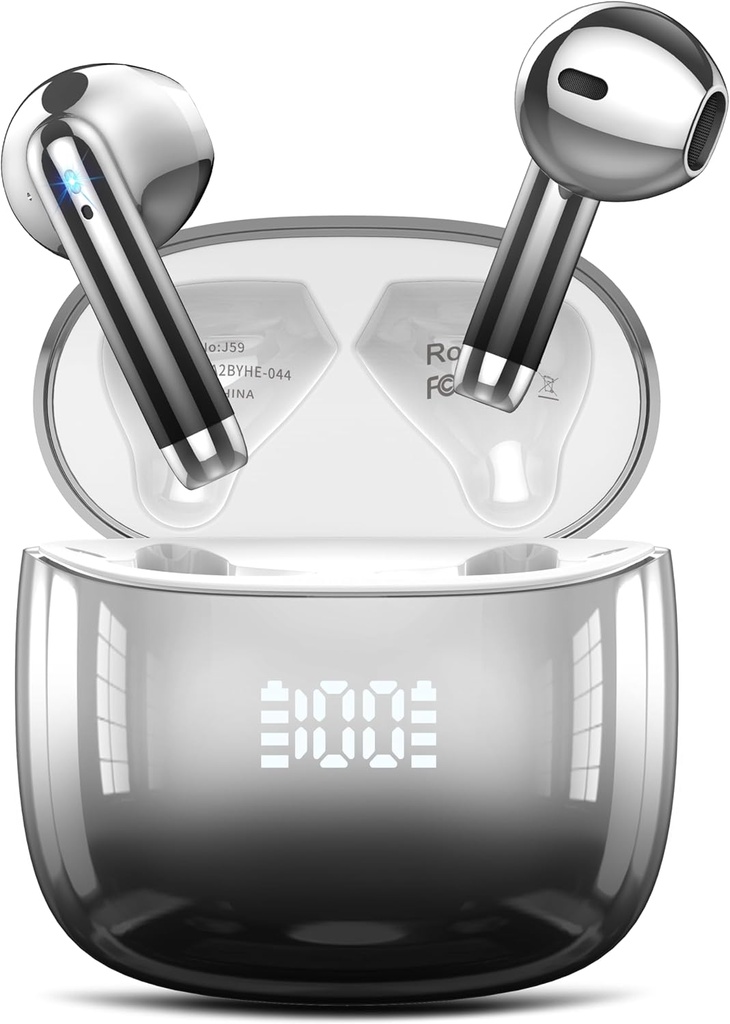 Earbuds nirkabel, Headphone Bluetooth 48H Lagu Waktu Putar dengan Tampilan Power LED, IPX7 Bluetooth tahan air 5.4 Earphone in - Ear Earbuds dengan 4 Mic for Android iOS Cell Phone Laptop, Black