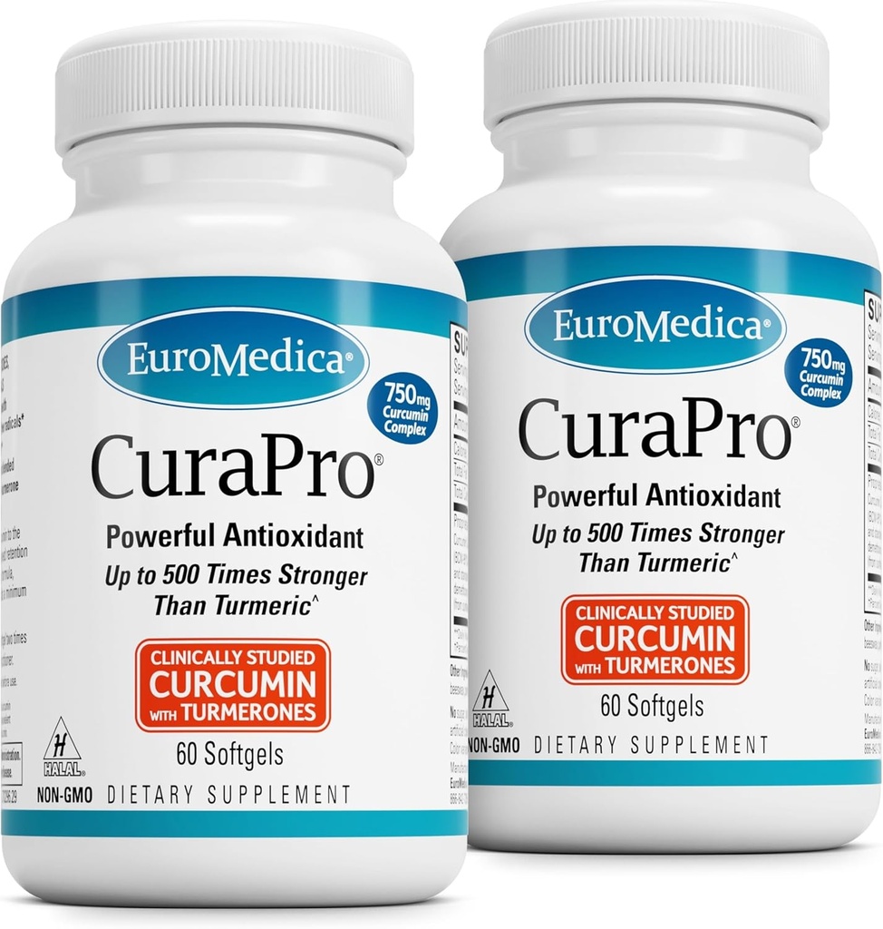 EuroMedica CuraPro - Suplemen Antioksidant untuk Dukungan Kesehatan & Imune - Tambahan Dieter dengan Curcumin & Turmeric Estial Oil - Herbal Liver - 60 Softgels, 2 Pack (120 Softgels)