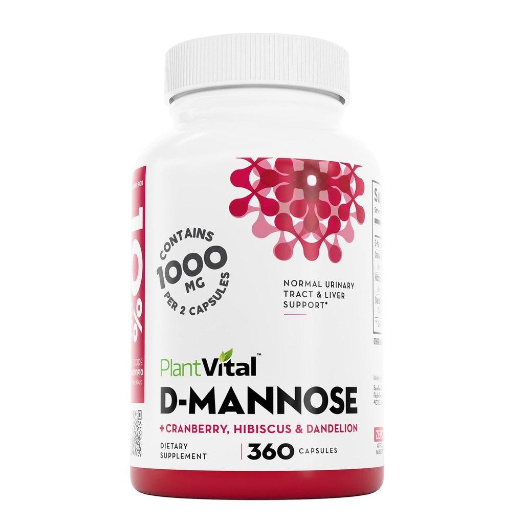 Plantvital D Mannose Capsules dengan Cranberry - D-mannose 1000mg Capsules - Potency Tinggi untuk Bladder, Ginjal dan Dukungan Tract Urinary. Cranberry Powder dengan Hibiscus dan Dandelion. 6 Bulan Supply