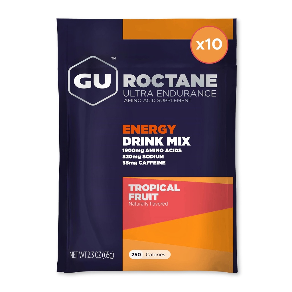 GU Energy Roctane Ultra Endurance Energy Drink Mix, Vegan, Gluten- Free Kosher, 35mg of Caffeine, dan Dairy- Free N-the Go Energy for any Workout, 10 Single- Serving Packets, Tropical Frues