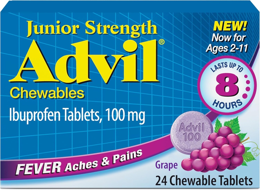 Advil Junior Kekuatan Dapat Disalurkan Reliever Pain and Fever Reducer, Ibuprofen Anak untuk Relief Sakit, Grape - 24 Tablet