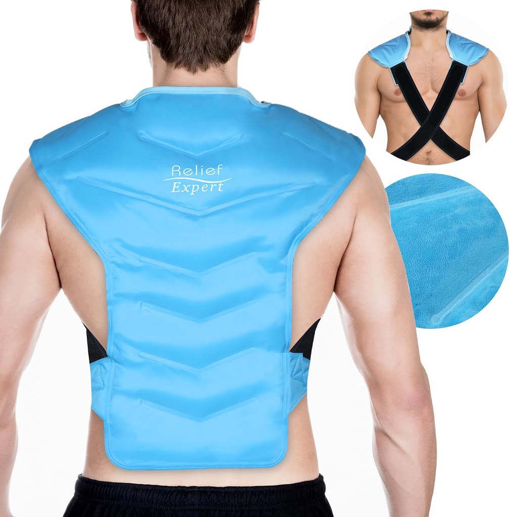 Relief Expert Large Back and Shoulder Ice Pack Close - reconable Gel Cold Pack with Dual- Sided Fabric and Adjustable Straps, Soft Plush Lining for Upper Cold Therapy and Posttout Recout