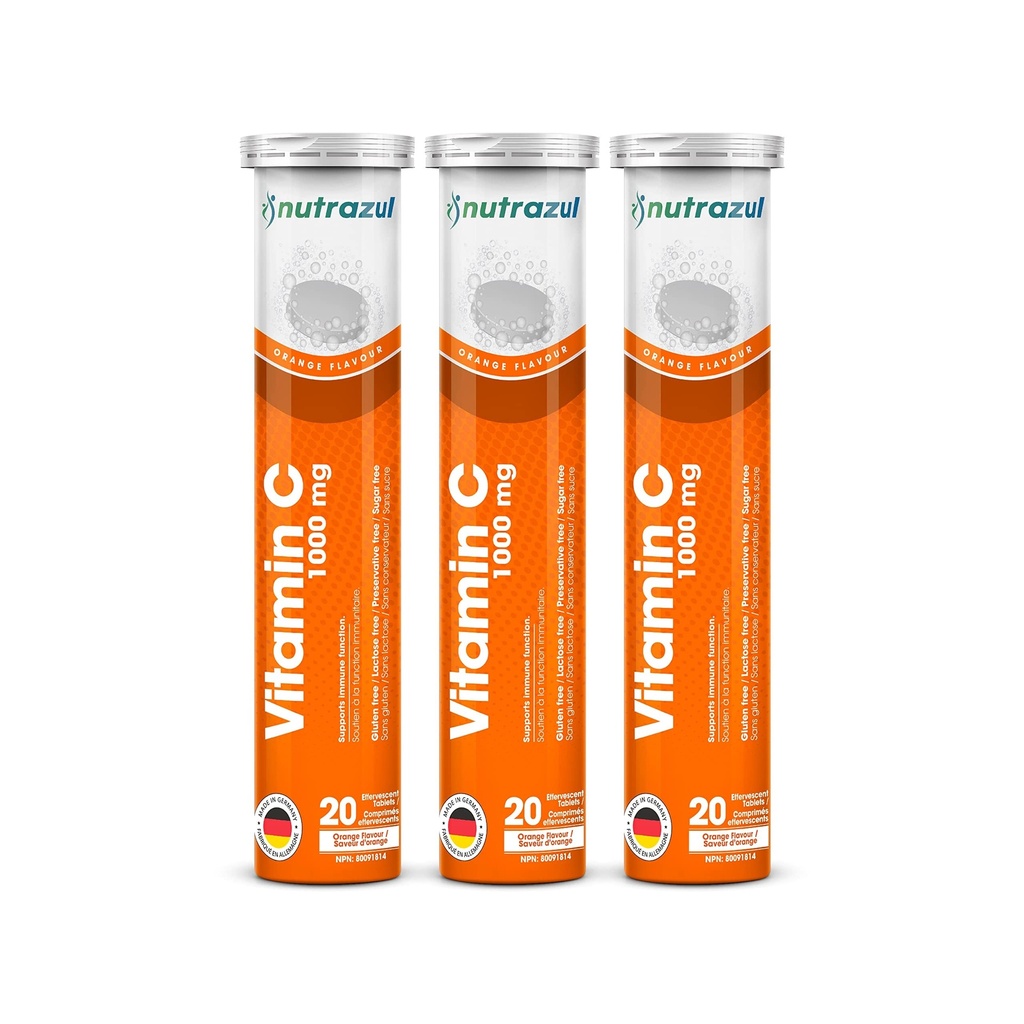 Nutrazul Vitamin C 1000mg Effervescent Tablet, VIT C Suplemen untuk membantu mempertahankan Fungsi Imune, Gluten- Bebas, Lactoe- Free, Sugar- Free, Praservative- Free, Orange Flavor, 20 Count, Paket 3