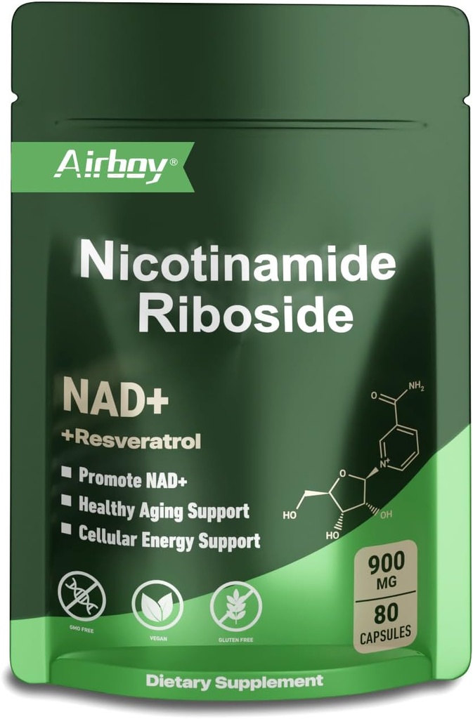 Airboy NAD Suplemen dengan Nicotinamide Riboside Resveratrol & Quercetin 900 mg, NMNH Alternatif untuk Pria dan Perempuan Dukungan Anti- Aging, Energi, Fokus - 80 Kasules