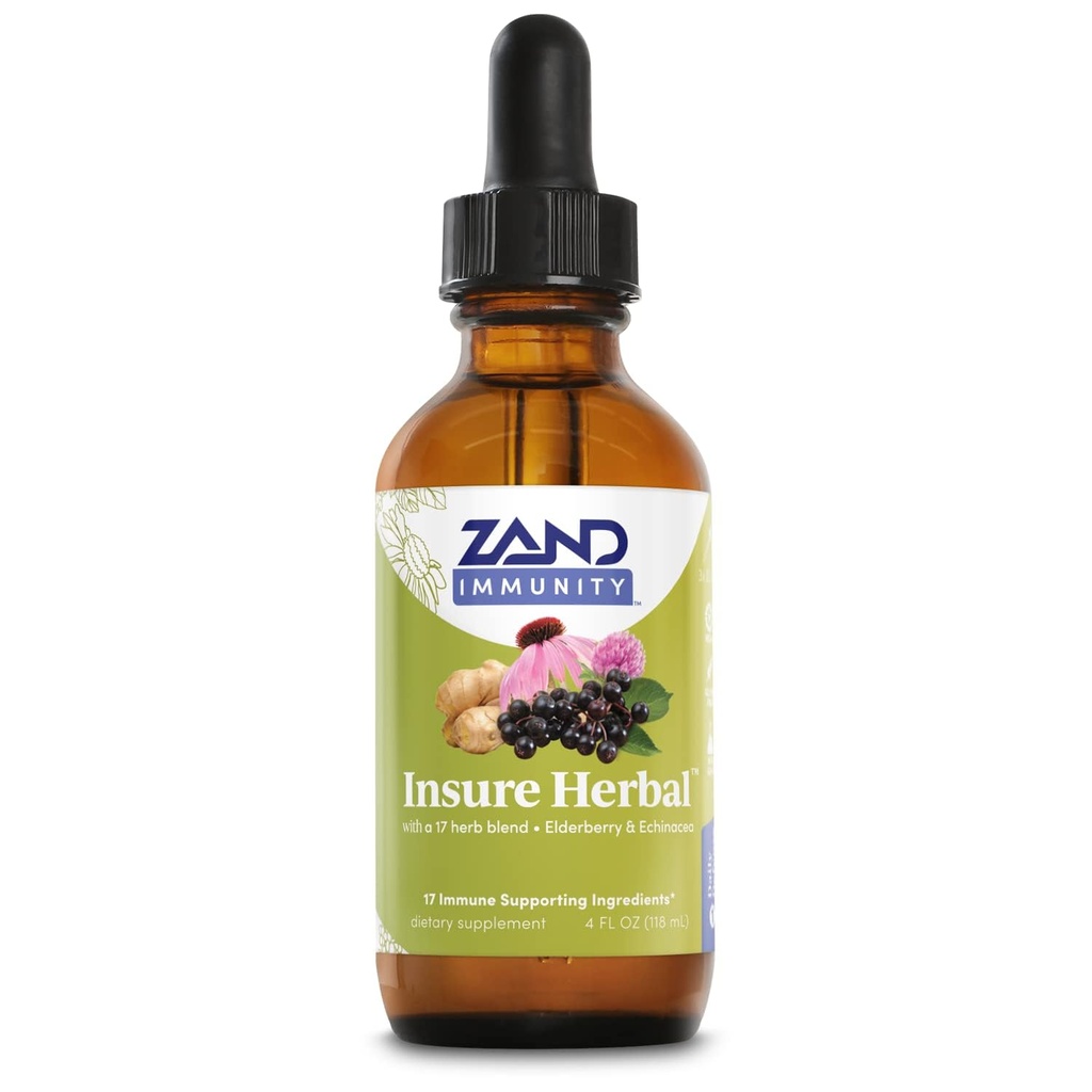 ZAND HERBALS Insure Herbal Liquid Blend - 17 Wellness Ingredictions - w / Echinacea, Elderberry, Ginger, Sage, Peppermint dan More - Gluten Free, Vegan, Non-GMO, 60- Day Affe, 147 Servings, 4 FL OZ