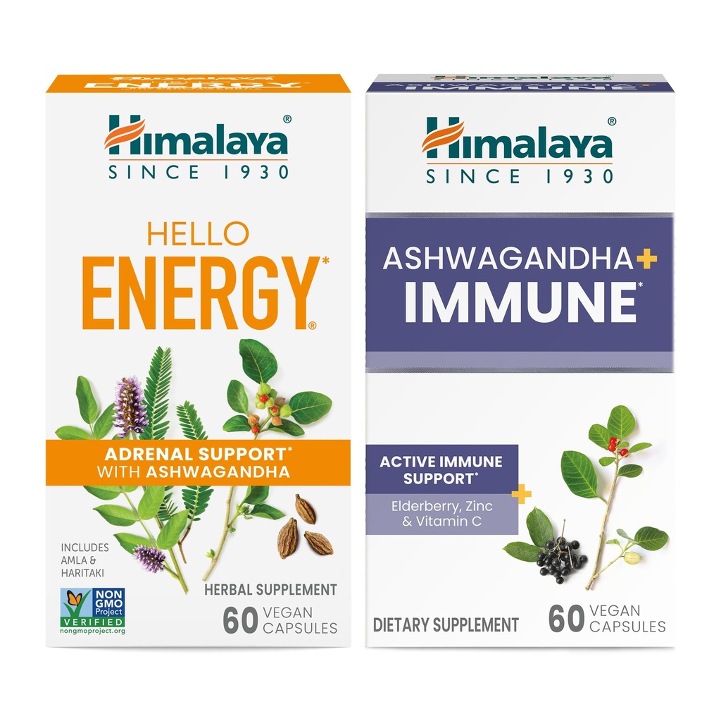 Himalaya Halo Energi dengan Ashwagandha untuk Dukungan Adrenal & Daily Energy dan & Ashwagandha + Ammune dengan Vitamin C untuk Dukungan Imune Aktif, 60 Capsules Masing-masing - Bundle