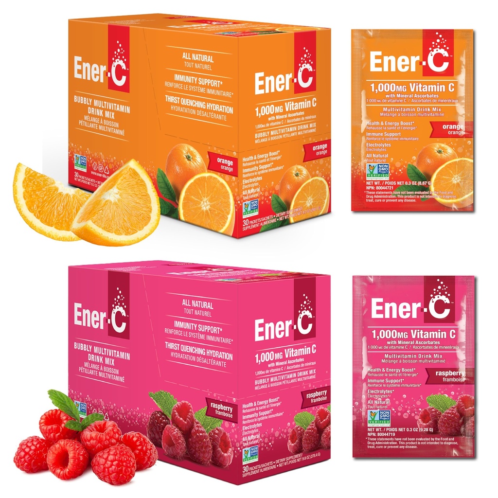Energy-C Orange & Raspberry Multivitamin Minum Mix Powder C 10000mg & Electrolite dengan Jus Real Fruit Natural Energy & Imune Dukungan untuk Perempuan & Pria