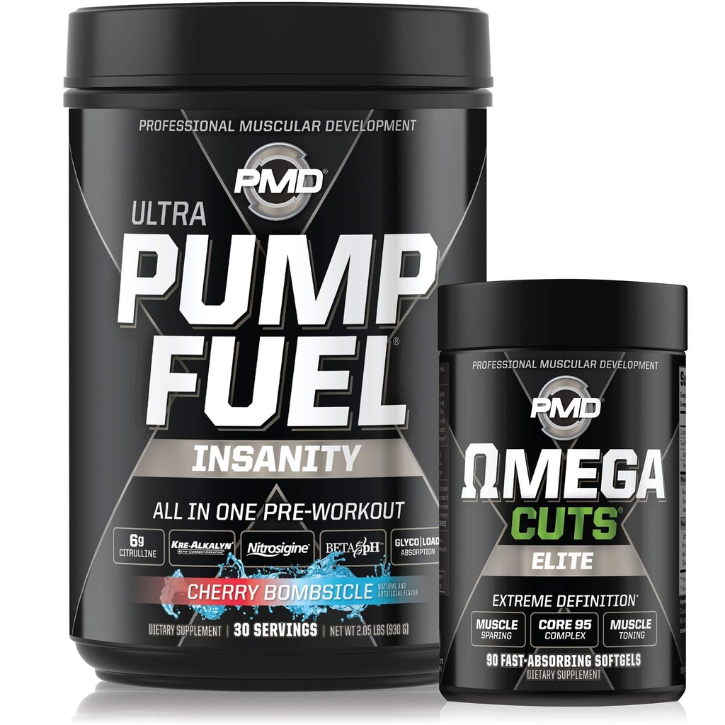 PMD Sports Ultra Pump Fuel Insanity - Pra Cherry Bombsicle (30 Servings) Sports Omega Cuts Elite Thermogenic Fat Burner (90 Softgels)