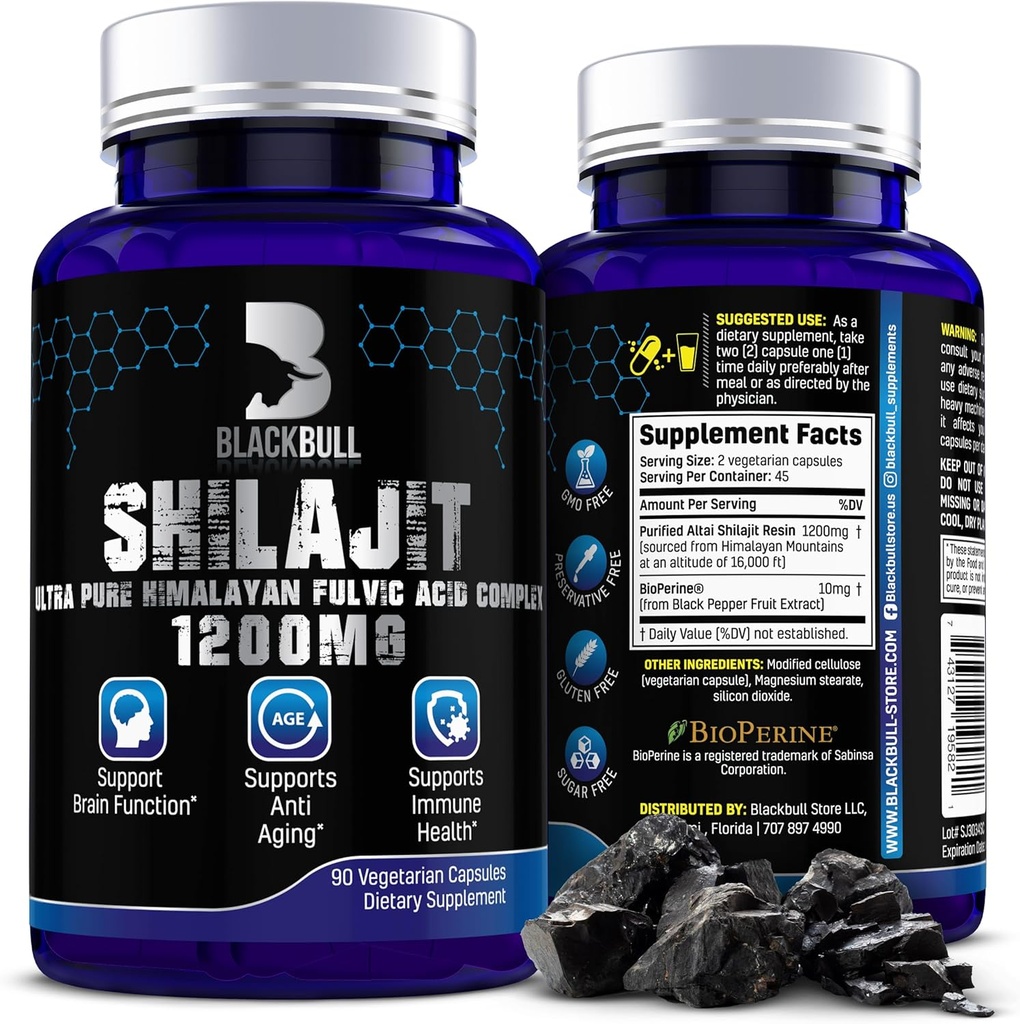 Blackbull Shilajit Pure Himalaya Kapsul Organik - Natural Shilajit Resin Organik dengan 20% Fulvic Acid Suplemen, Kesehatan Otak, Penuaan Imune - Murni Himalaya Shilajit