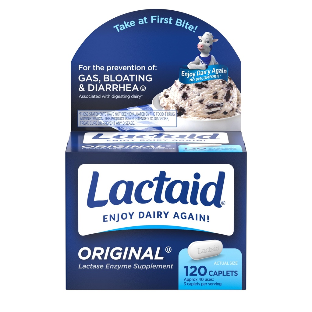 Laktaid asli Pil Intoleransi Kekuatan Laktosa, 9000 FCC Natural Lactase Enzyme Dairy Relief Caplets, Membantu Prevent Gas, Bloating & Diame Karena Sensitivitas Laktosa dalam Dewasa & Anak-anak, 120 Cacah