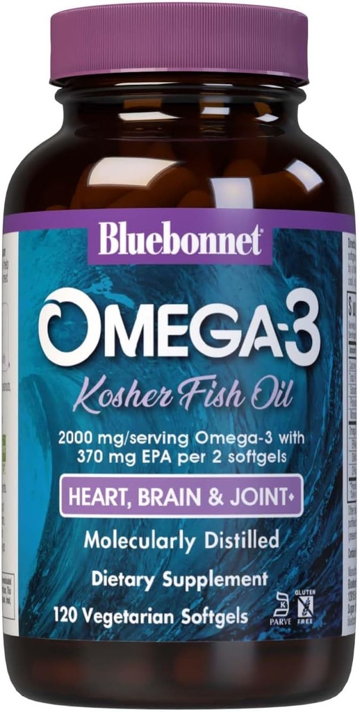 Bluebonnet Nutrition Omega-3 Kosher Fish Oil, Natural Triglyceride Form, Gluten- Free, Dairy- Free, Kosher Certified, Non-GMO, 3rd Party Test, Molecully Distiled, 120 Vegetarian Softgel, 60 Serving