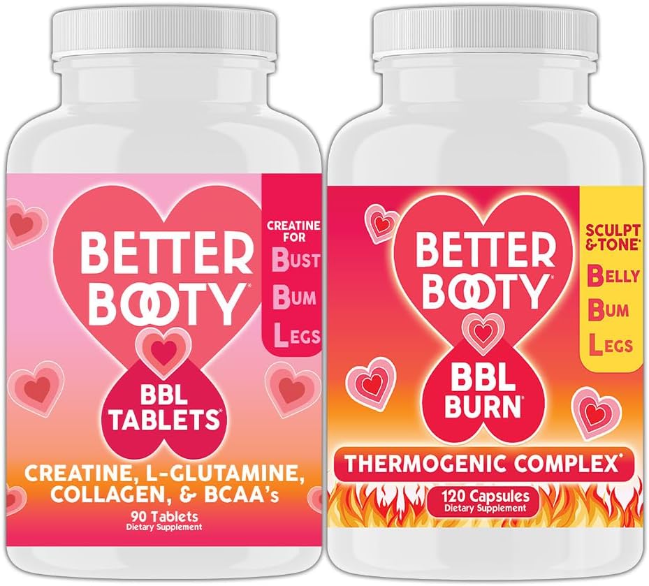 Suplemen Perempuan Booty Lebih Baik Creatine BBL Combo: BBL Tablet (90ct) ww. Creatine, Glutamine, BCAA, Collagen + BBL Burn Thermogenic Capsules (120ct)