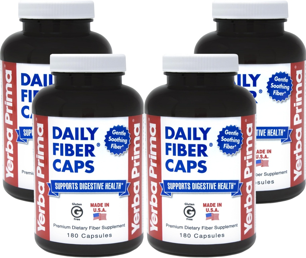 Yerba Prima Daily Fiber Caps - 180 Capsules, (Paket 4) - Soluble & Impolble Dietary Fiber Suplement - Colon Cleanse - Gut Health - Vegan, Non-GMO, Gluten- Free