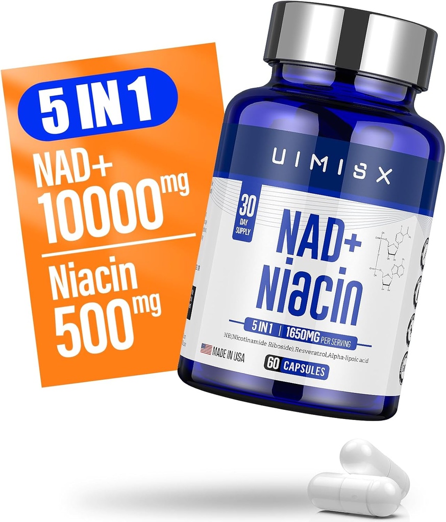 NAD + Supplemen 1000mg & Niasin (Vitamin B3) 500mg, Nad Plus Boosting Suplement for Woman and Man, Nicotinamide Riboside (NR) Mendukung Anti- Aging, Energi, Otak, Otot, Non-GMO, Bebas, 74