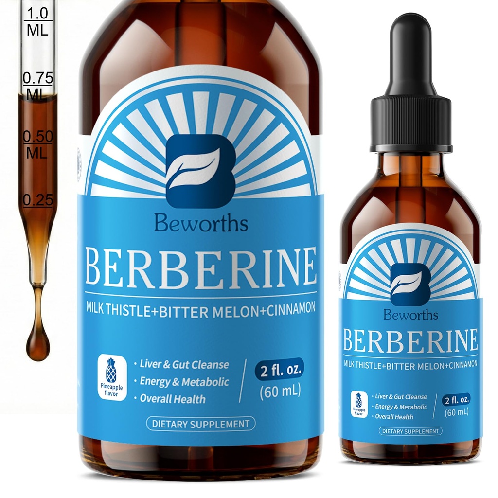 Suplemen Berberine dengan Cinnamon Ceylon - Berberine Liquid Drops dengan Curcumin Turmeric, Cinnamon Ceylon, Bitter Melon, Phytosome Berberine untuk Sistem Pembuangan, Dukungan Kesehatan Immune -Vegetarian