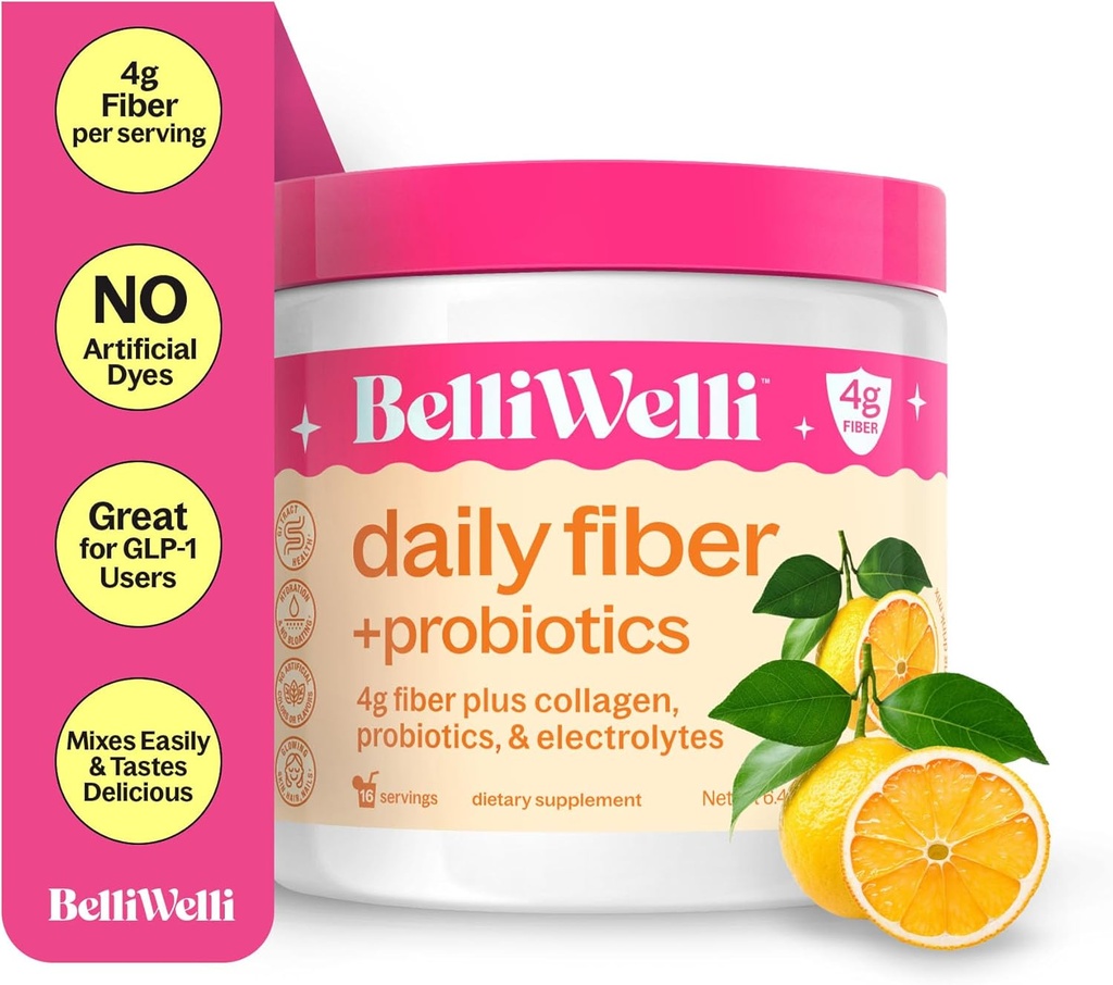 Tambahan Fiber BelliWelli untuk Perempuan & Pria - Premium Bubuk Serat Harian dari Acakia Organik Dengan Collagen Ditambahkan, Elektrolytes & Program- Tidak Ada Bloat, Sembelit & Gut Kesehatan Dukungan (Orange Yuzu)