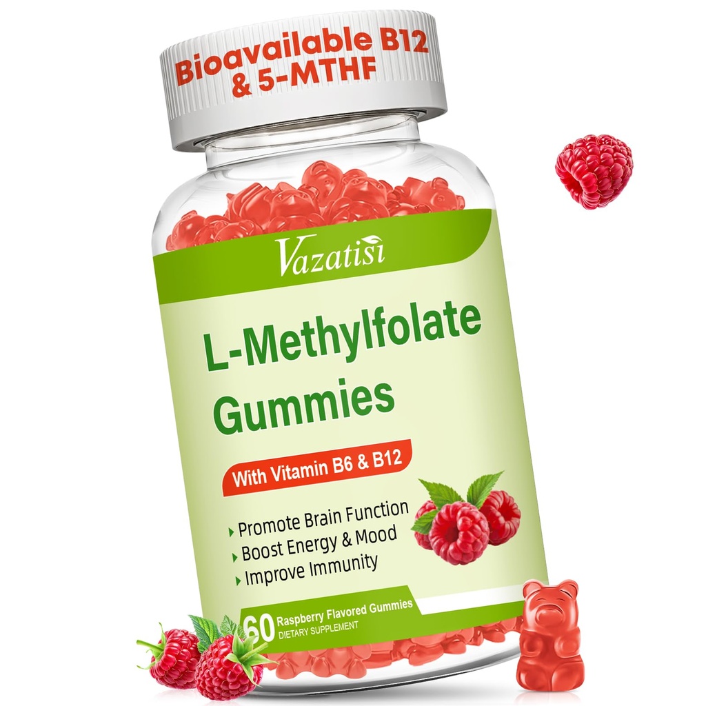 L- Methylfolat 15 mg Gummies dengan Metil B12, Pengaruh Floid untuk Mood, Kesehatan Otak, Dukungan Imune, Raspberry Flavor, 60 Count