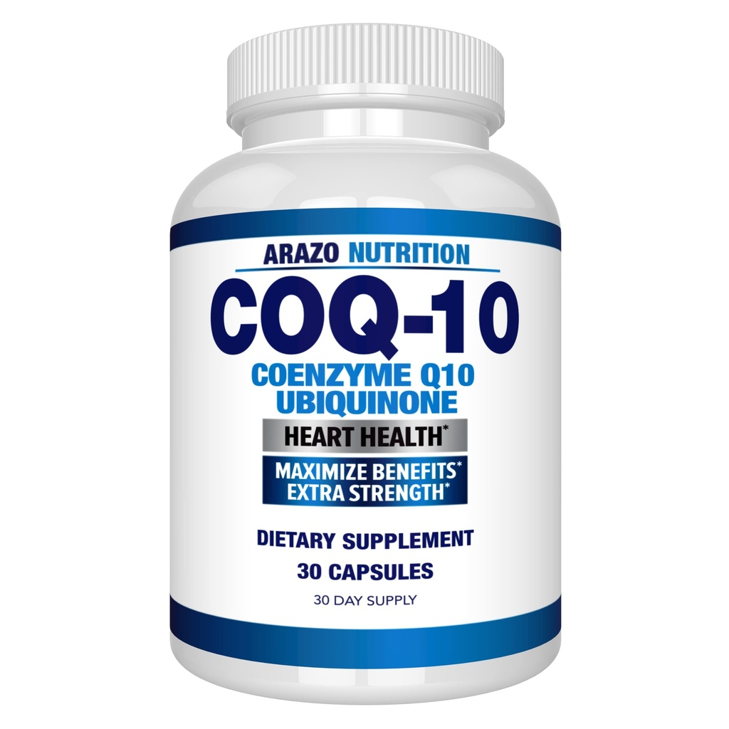 Arazo Nutrition CoQ10 Ubiquinone Coenzim Q10- 200mg Maximum Power Nutration Suplemen - Tinggi Absorpsi Capsules dengan No Soy