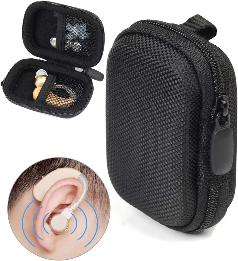 Kasus Perlindungan untuk Bantuan pendengaran, Amplifier, Amplifier Suara Pribadi, Alat Pendengaran, Alat Pendengaran, Kasus Mini Kuat dengan saku Mesh, Desain Universal (Balistik Hitam)