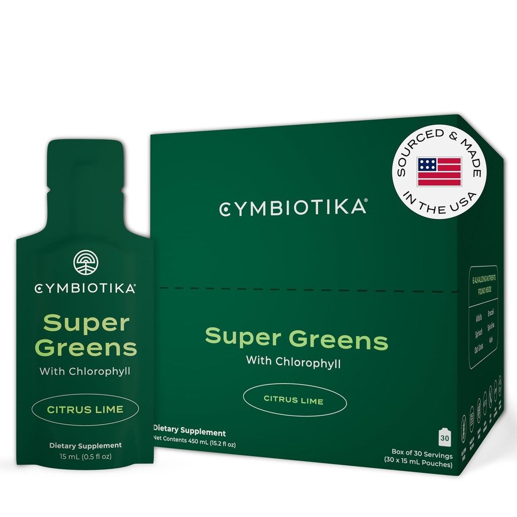 CYMBIOTIKA Super Greens Suplemen dengan Chlorophyll, Spirulina, Paket Superfood Daily Vegan untuk Kesehatan Digetical Gut, Detox, Energi dan Imune Dukungan, Citrus Lime Flavor, 15 mL Pouches, 30 Pack