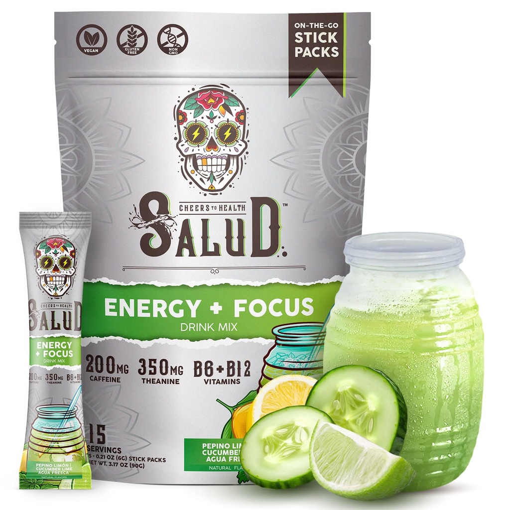 Salud 2-in- 1 Powder Energi + Focus, cumber Lime, Organic Caffeine, B6 + B12, Theanine, Clean Energy Drink, Agua Fresca Mix, Non-GMO, Gluten Free, Vegan, 1g Sugar, (15 Pelayan)