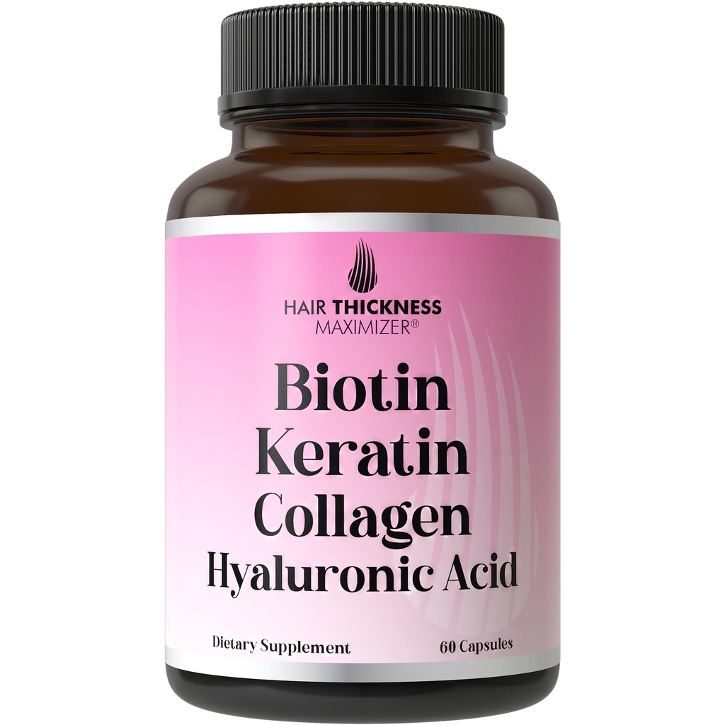 Biotin + Keratin + Marine Collagen + Hyaluronic Acid, 4 in- 1 Fair Growth Vitamin dengan 1000mcg Biotin Capsules, Kompleks Thickening untuk Women & Men with Hair Thinning