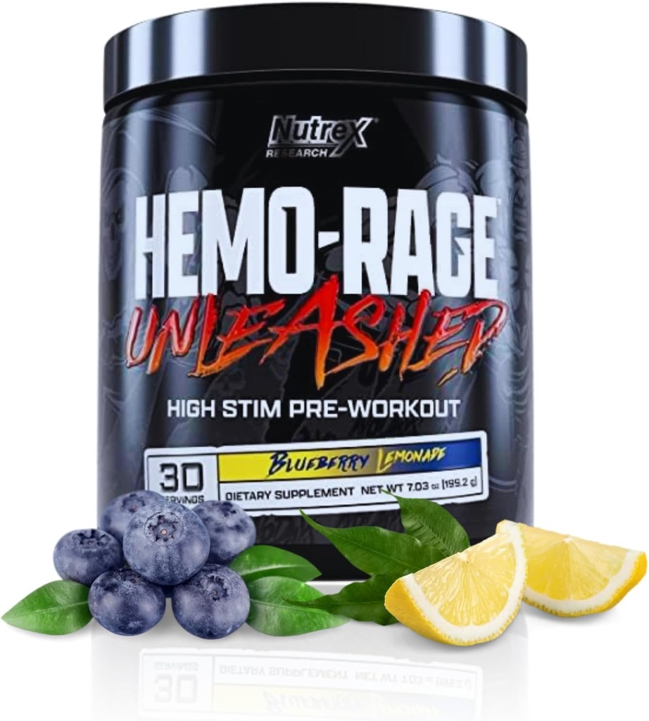 Nutrex Research Hemo- Rage Extreme High Stim Pre Workout Powder 124; Insane Lasting Energy, Focus, Endurance & Pump Booster Pretraining Supplemen 124; Blueberry Lemonade 30 Servings