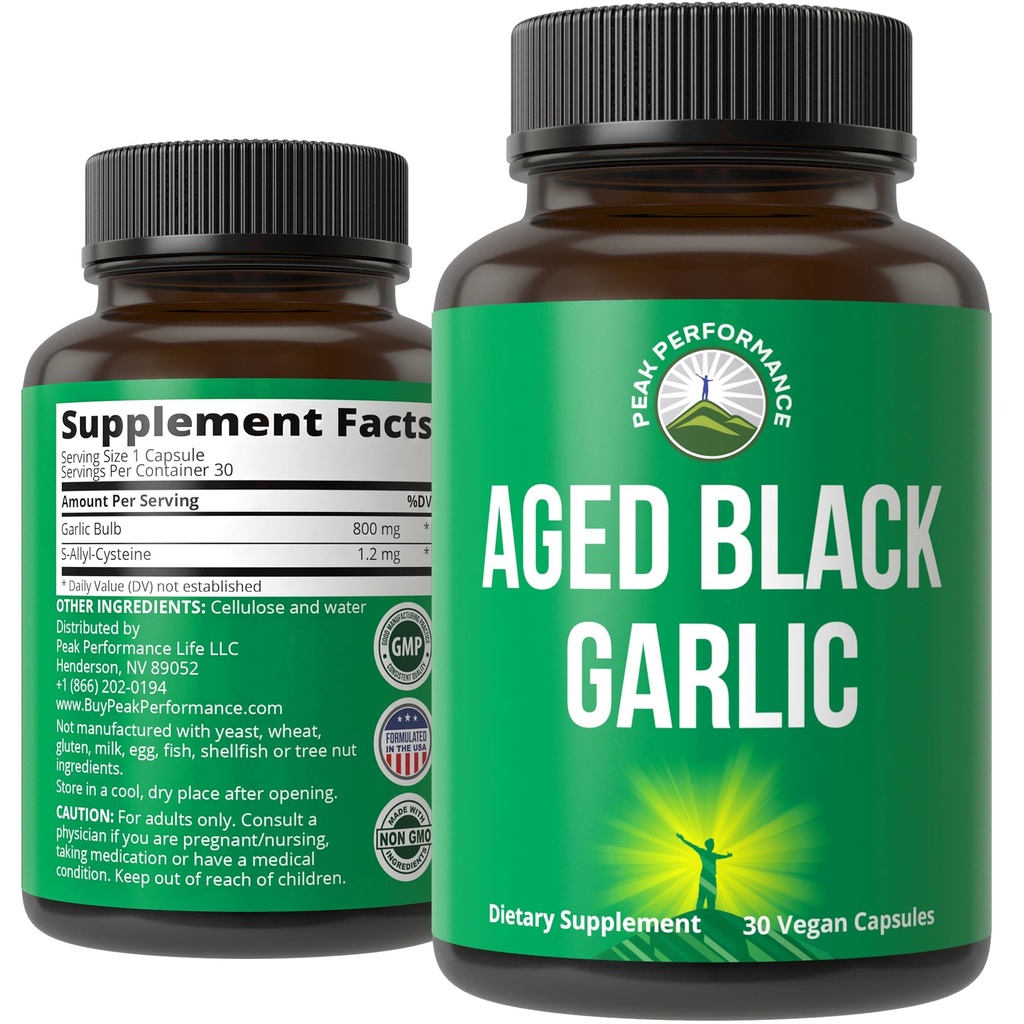 Peak Performance Aged Black Garlic Capsules. Pil Ekstraksi Odorless Murni Vegan Raw Pil untuk Kolesterol, dan Suplai Imune dari Bulb Garlic dengan S-Allyl Cysteine dan Antioksidan