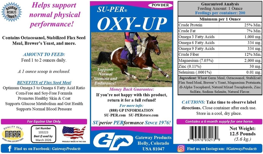 SU-PER Oxy- Up Performance Supplement Horse Supplement - Mendukung Normal Stamina dan Endurance - Ekstrak Germ, B- Kompleks Vitamin, Magnesium - 12.5 Pound, 6 Bulan Supply