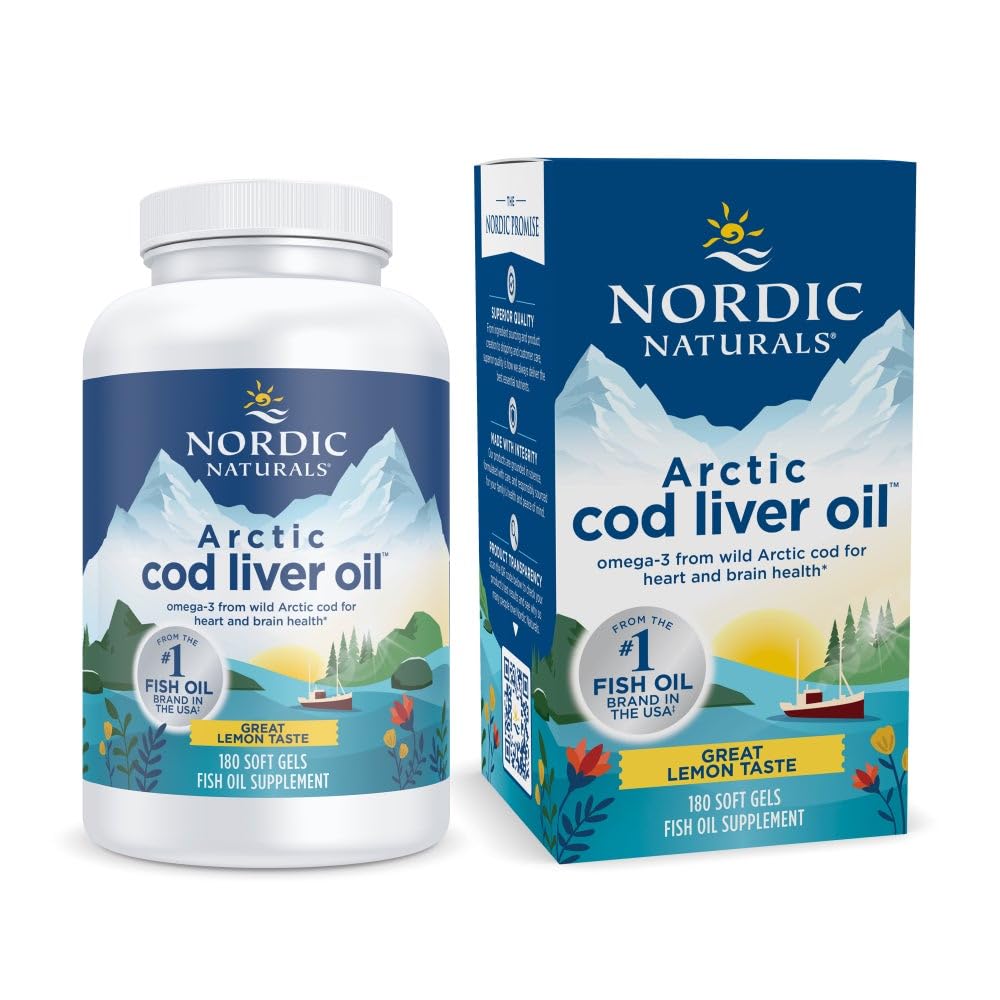 Nordic Cod Liver Oil, Lemon - 180 Soft Gels - 750 mg Total Omega-3 dengan EPA & DHA - Heart & Brain Health, Heally Immunity, Overall Wellness - Non-GMO - 60 Servings