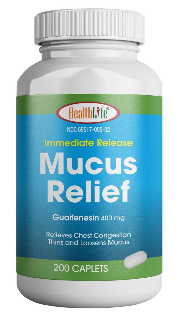 HEALTH LFE LFE Relief Guaimenesin Caplets 400 mg, Segera Lepaskan Expectorant Cepat Akting, Thin dan Loosens Mukus, Relieves Chest Contrable, Batuk, Dingin dan Flu (Medium, 200 Count)