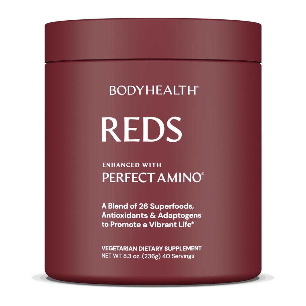 BodyHealth Reds Enhanced with PerfectAmino - Daily Superfood Smoothie Powder with Antioxidants, Adaptogens, Phytonutrients, Fruit, Pregrents, Prograce, Fiber, and Protein - 40 Services