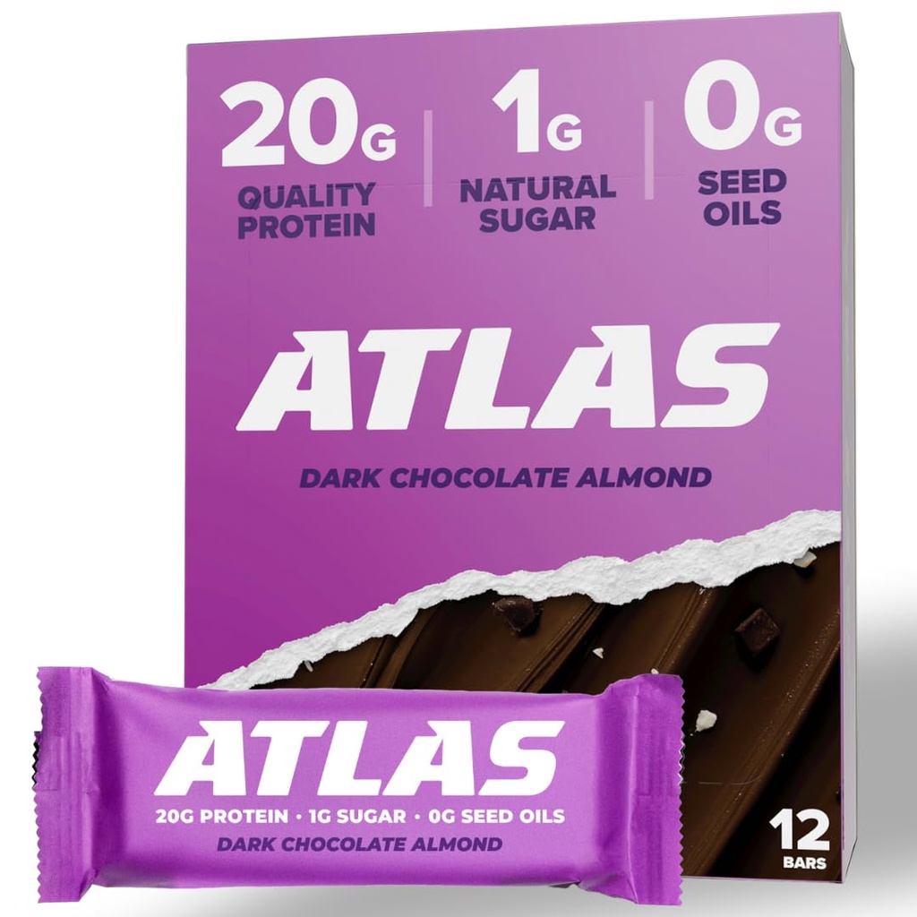 Atlas Bar - 20g Protein, 1g Sugar, 0g Minyak Benih, 0g Artificial Sweeteners (Dark Chocolate Almond, 12 Count)