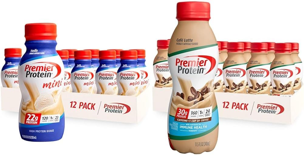 Premier Protein Shake Minis Vanilla 22g Protein 120 Kalories Pack of 12 & Café Latte 30g Protein 160 Calories Nutrients for Imune Health Pack of 12